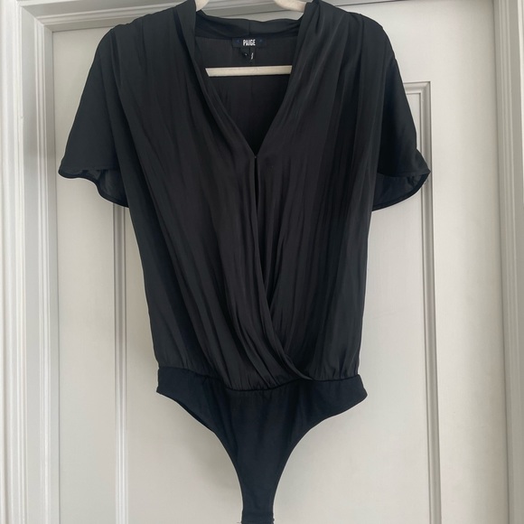 NWT Paige Dijon Satin Short Sleeve Faux Wrap Thong Bodysuit Black, Sz S - Picture 9 of 12